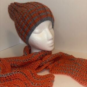 Orange and Gray Handcrafted Crochet Knit Hat and Scarf Set NWOT